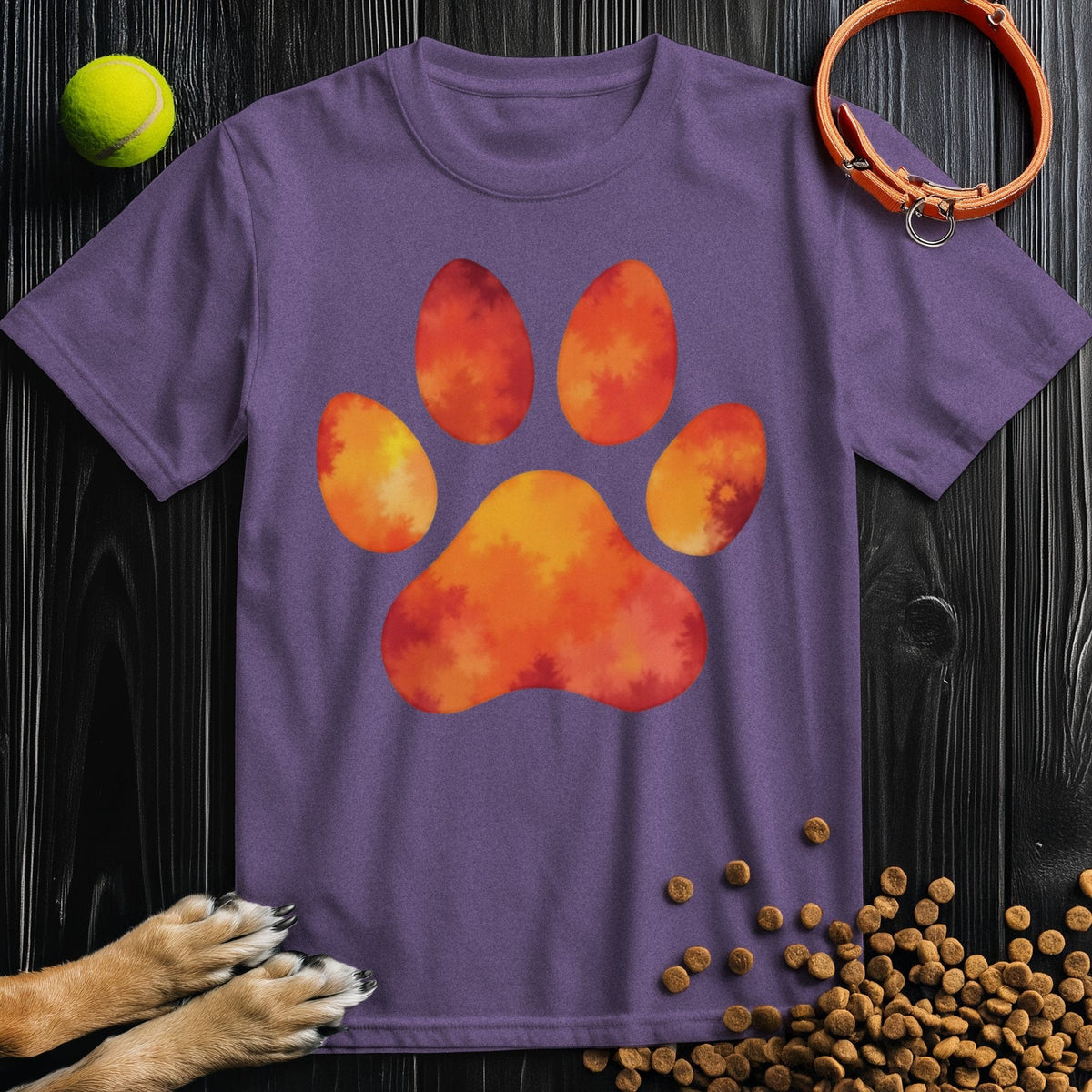 Dog Themed Shirts - Autumn Blaze Paw in purple cotton with fiery paw design. Unisex t-shirt combining comfort and pet-themed style.