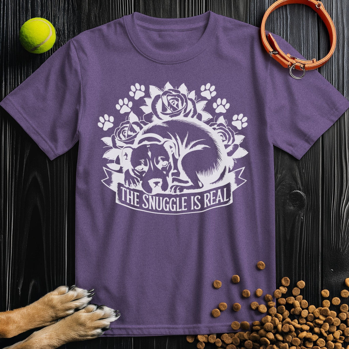 Purple Snuggle Is Real Tee with curled dog and paw print design, 100% cotton comfort for dog enthusiasts and casual outfits.