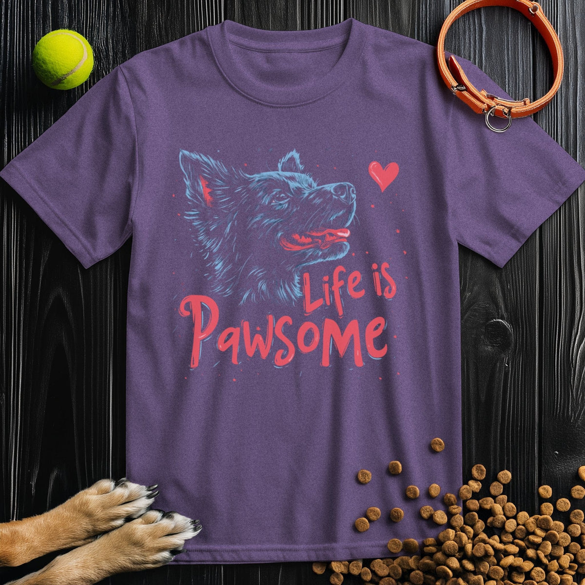 Purple Life Is Pawsome T-Shirt showcasing a happy dog and red lettering. Comfortable cotton unisex shirt for dog-themed fashion.