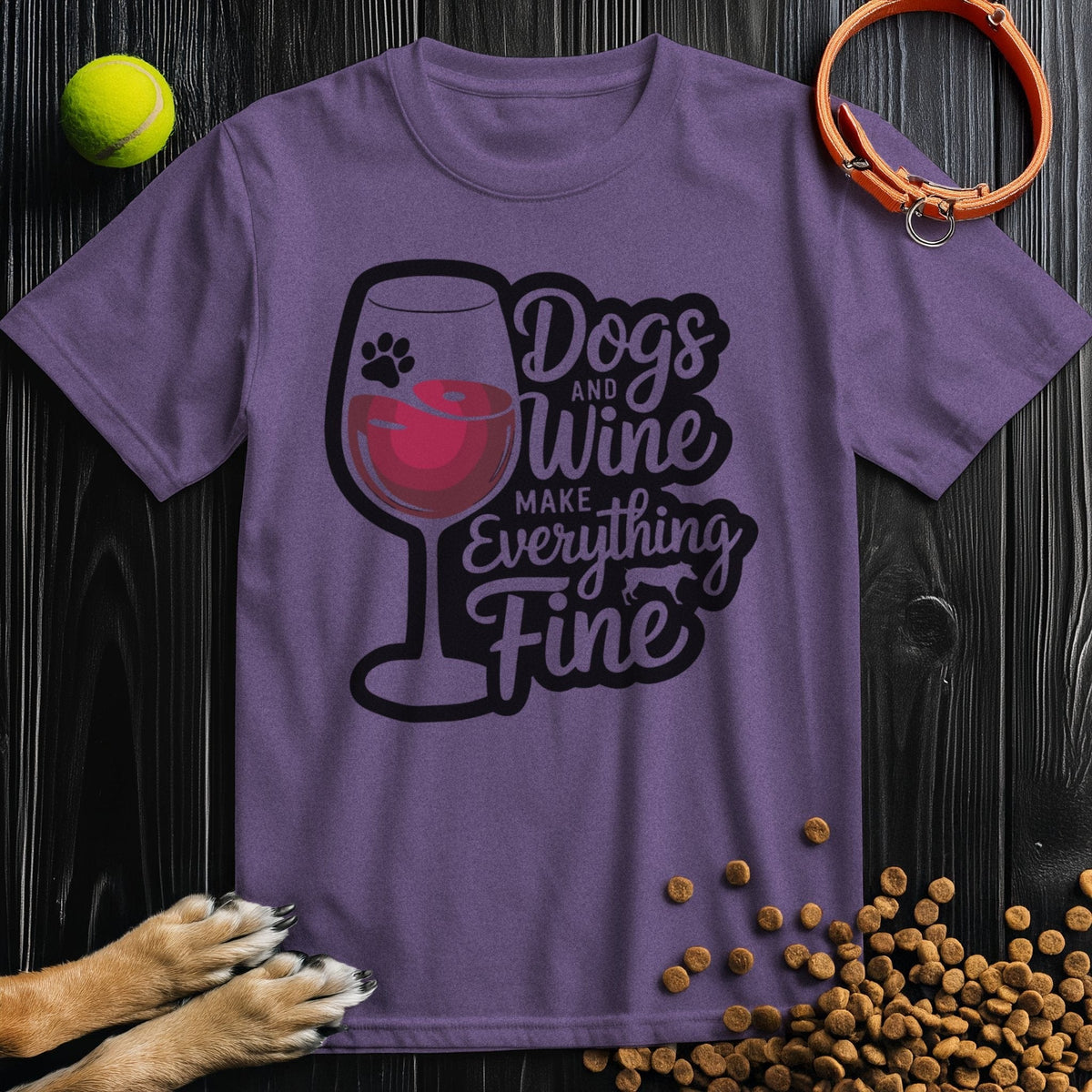 Purple 100% cotton Wine Drinking T-Shirt with playful 'Dogs and Wine Make Everything Fine' design, perfect for relaxed outings.