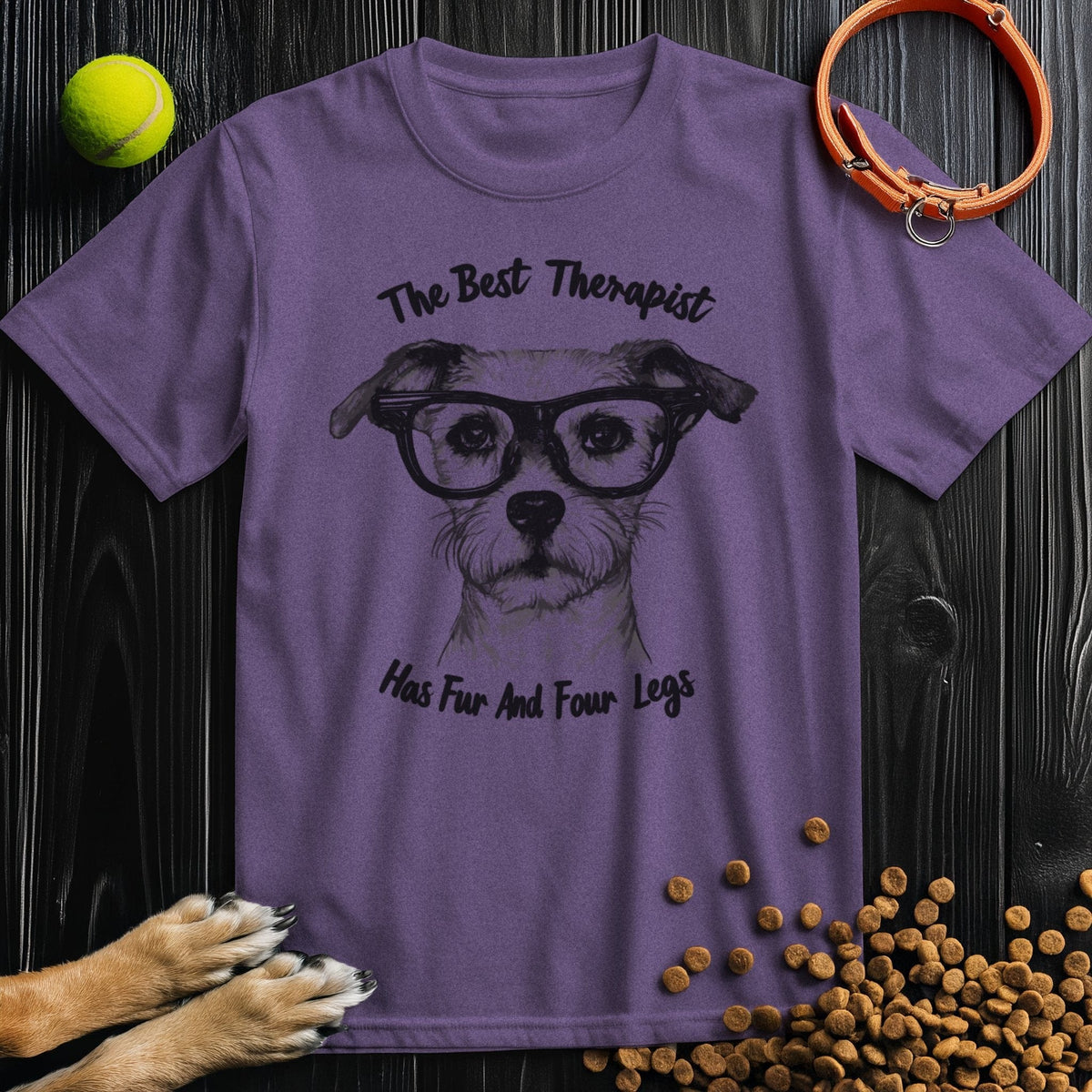Purple pet-themed T-shirt with dog in glasses and fun quote. Ring-spun cotton tee from the Therapist T-Shirts collection, regular fit.