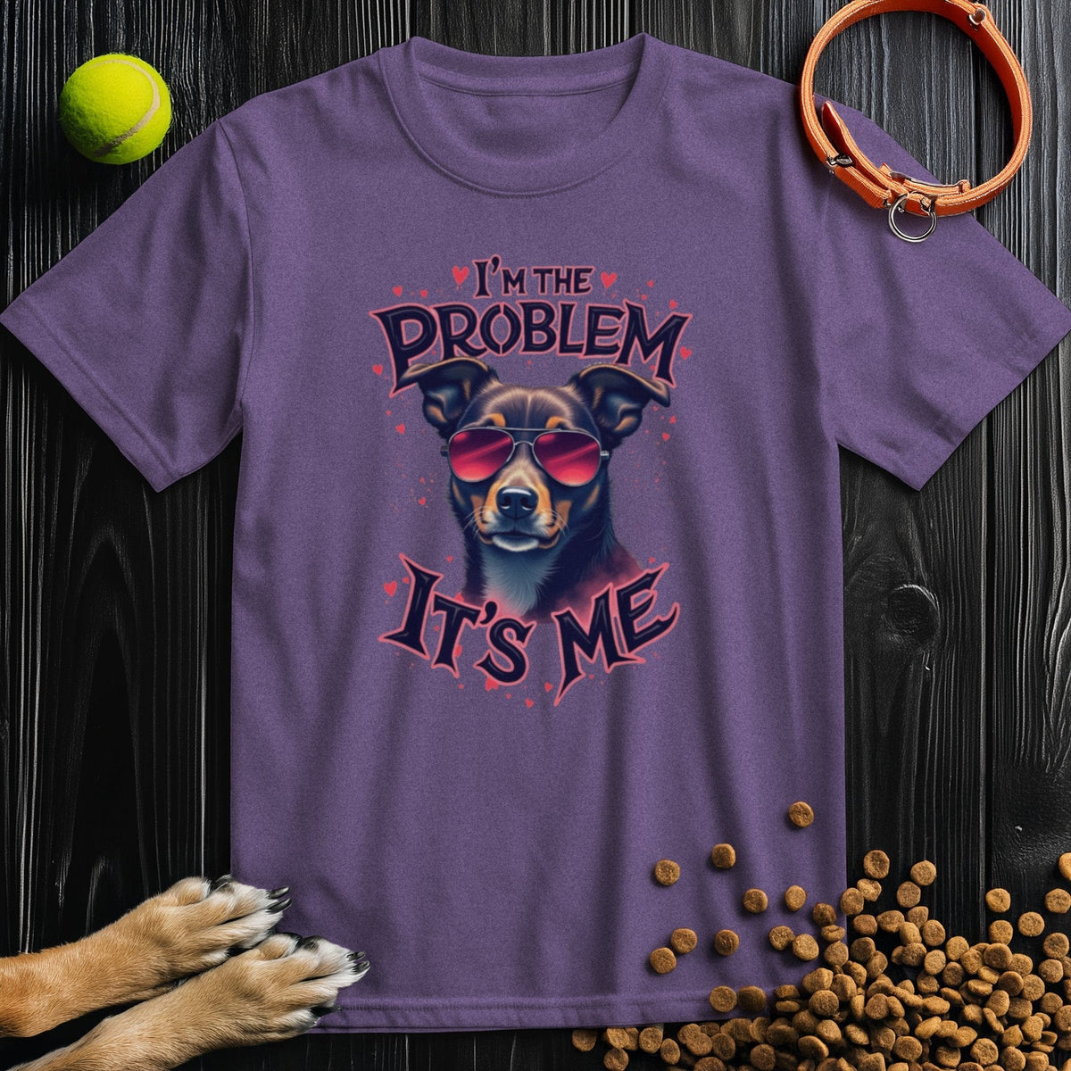 Purple The Problematic Pooch T-Shirt with vibrant dog design and catchy phrase, 100% cotton tee perfect for pet lovers' wardrobes.