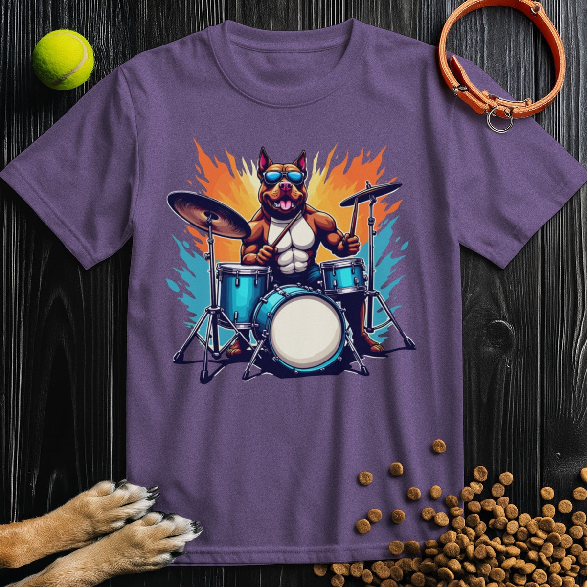 Purple Premium Drum Dog T-Shirt with a fun dog drummer print. Comfortable and stylish cotton tee ideal for music and dog enthusiasts.