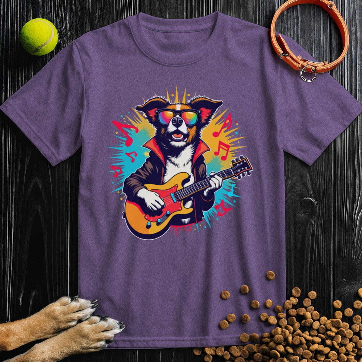 Purple dog themed shirt showcasing a funky puppy with guitar and sunglasses. A bold choice for dog lovers and music fans alike.