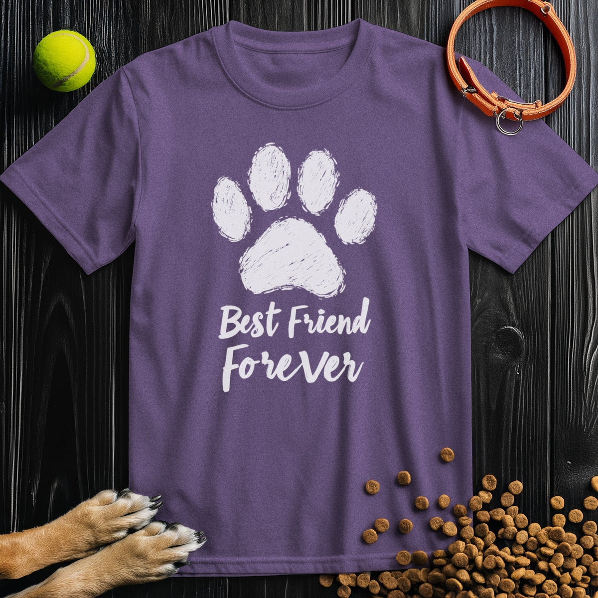 Purple BFF white t-shirt with dog paw graphic and 'Best Friend Forever' text. Soft ethical cotton tee for dog enthusiasts.