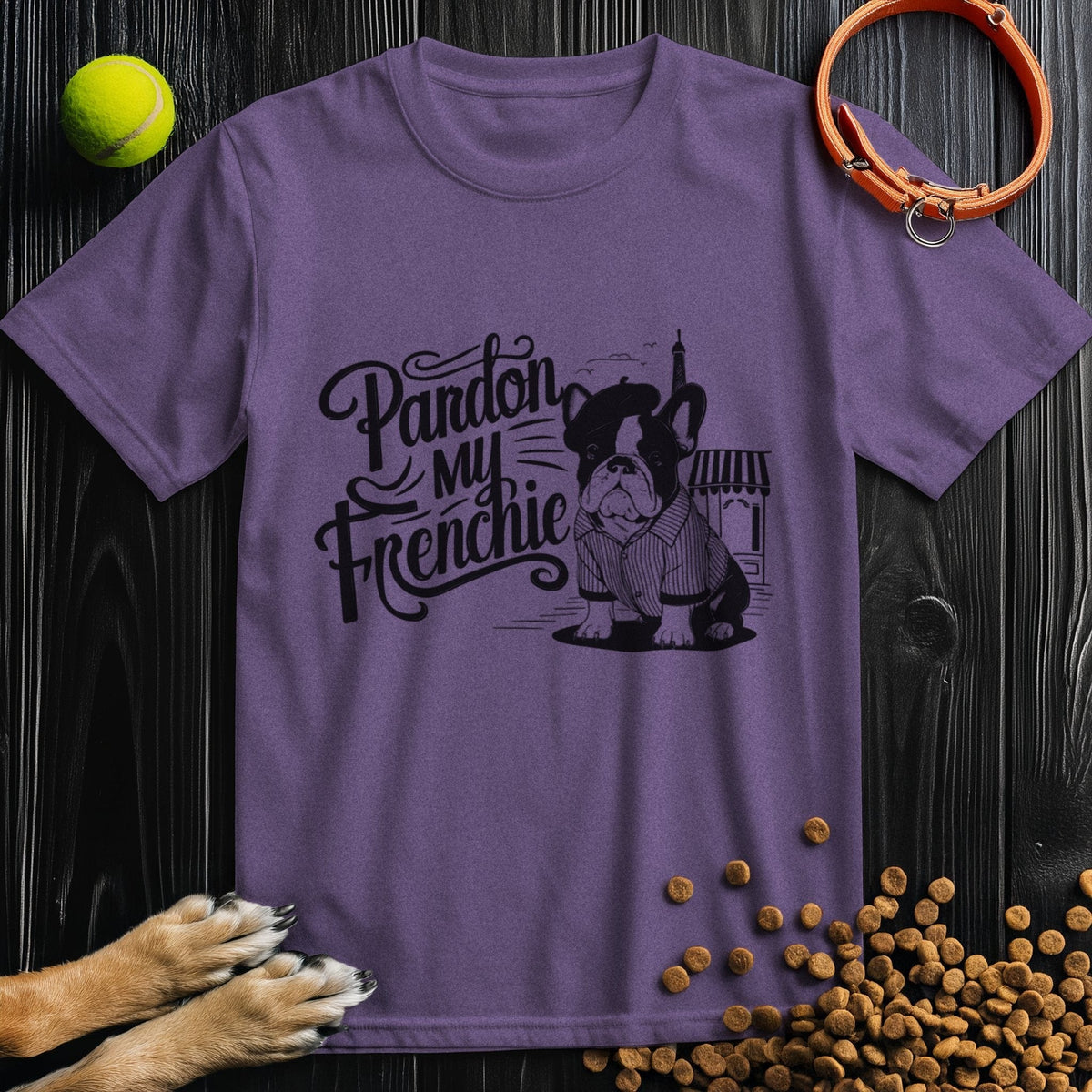 Purple 'Pardon My Frenchie' t-shirt showcasing a French Bulldog in beret and scarf. Perfect humorous tee for Frenchie fans at Good Boy Mob.