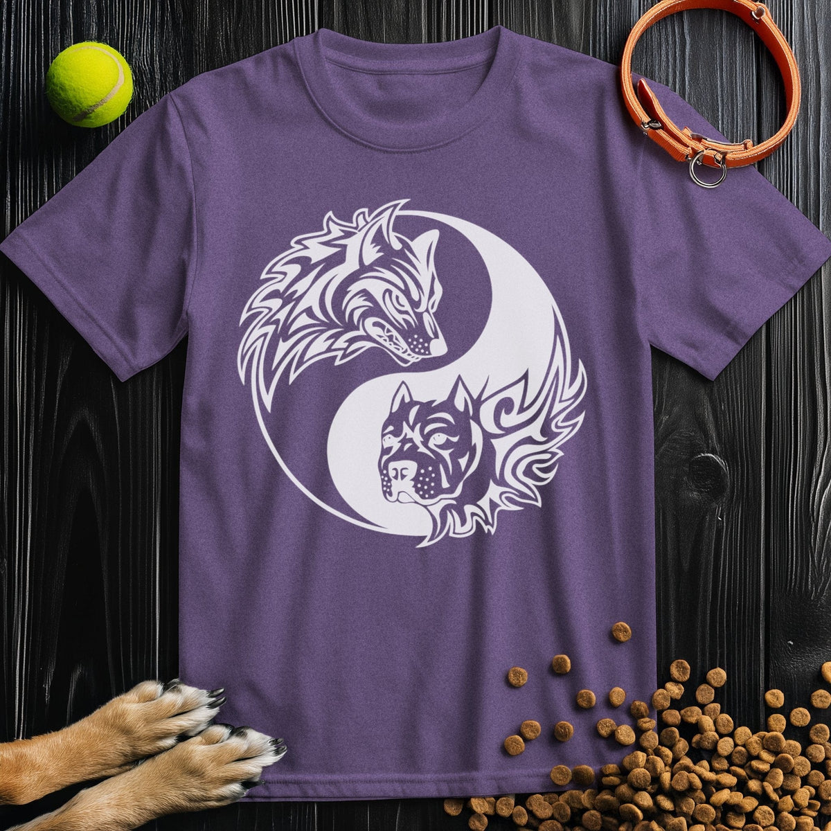 Purple Yin-Yang Wolf & Dog T-Shirt made from soft US cotton. Features a striking wolf and dog yin-yang design, perfect for pet enthusiasts.