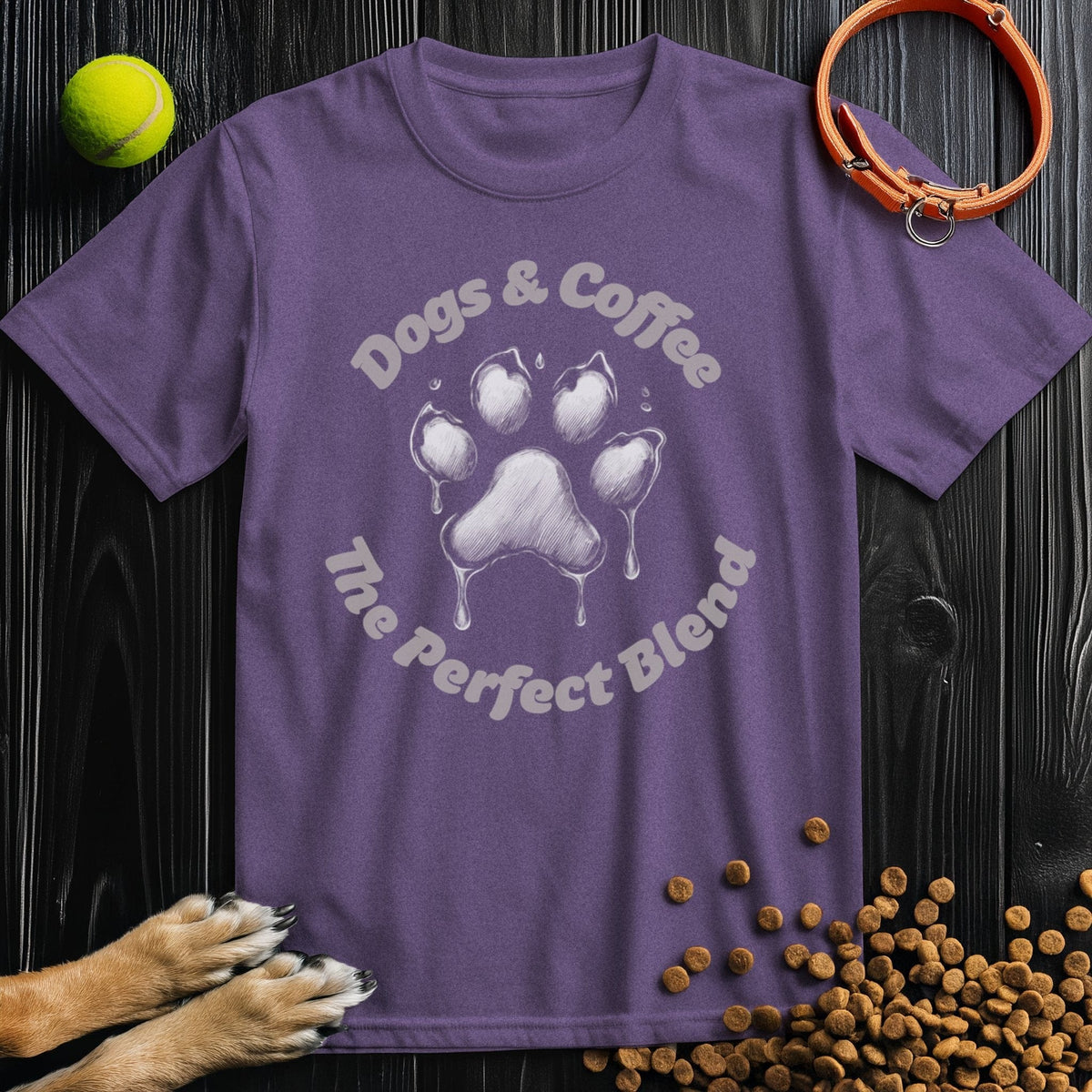 Purple Dogs & Coffee Tee Shirt with bold paw graphic and slogan, made for pet lovers. Regular fit cotton shirt from Good Boy Mob summer picks.