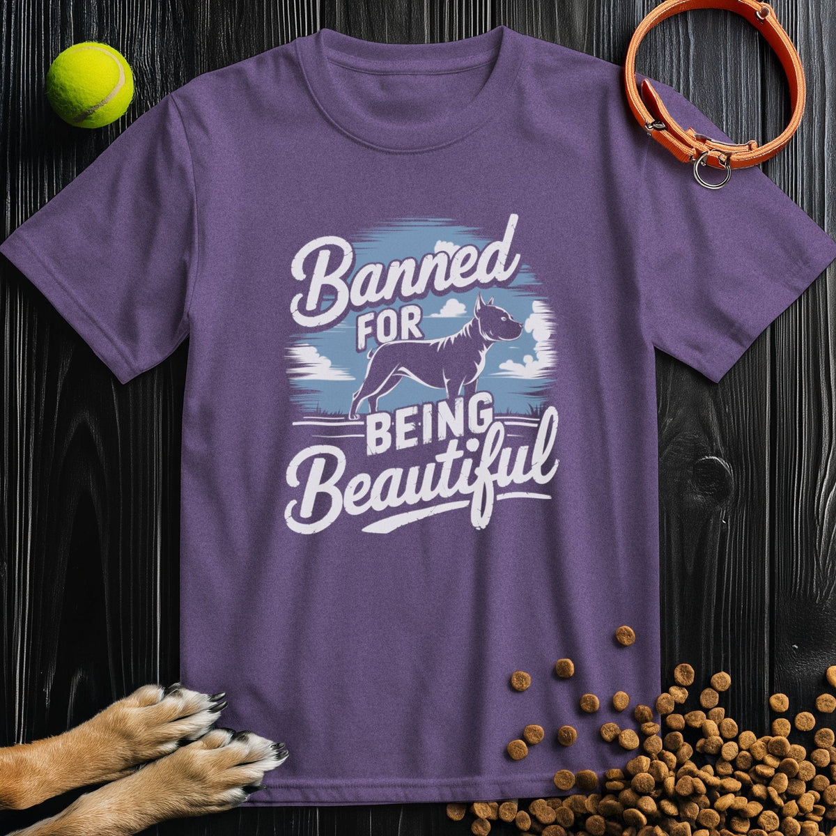 Purple Banned for Beauty Dog Tee with pitbull design and soft cotton fabric. Perfect for pitbull lovers seeking comfort and bold style.