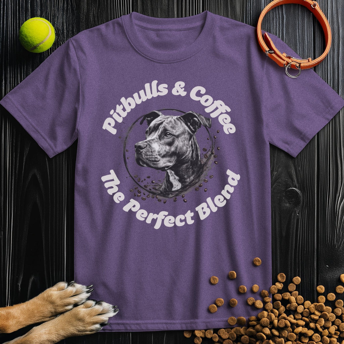 Purple Pitbulls And Coffee TShirt with a pitbull portrait and coffee ring graphic. Unique dog-themed apparel from Good Boy Mob.