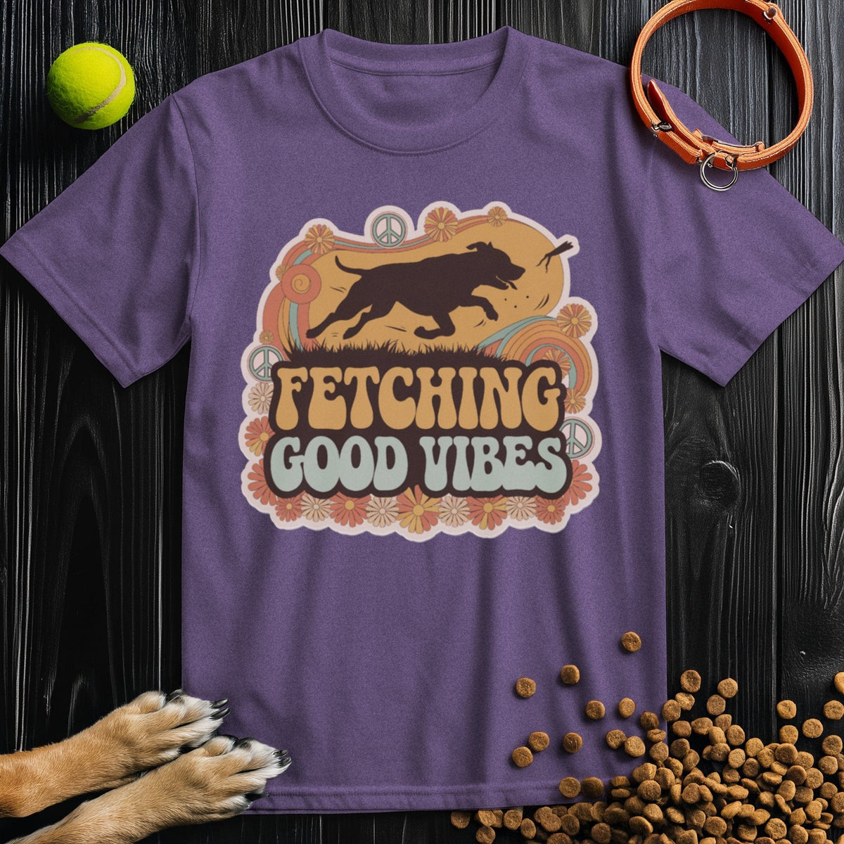 Purple dog-themed Good Vibes T-Shirt with retro fetch design. Made from 100% ring-spun cotton for comfort and ethical fashion.