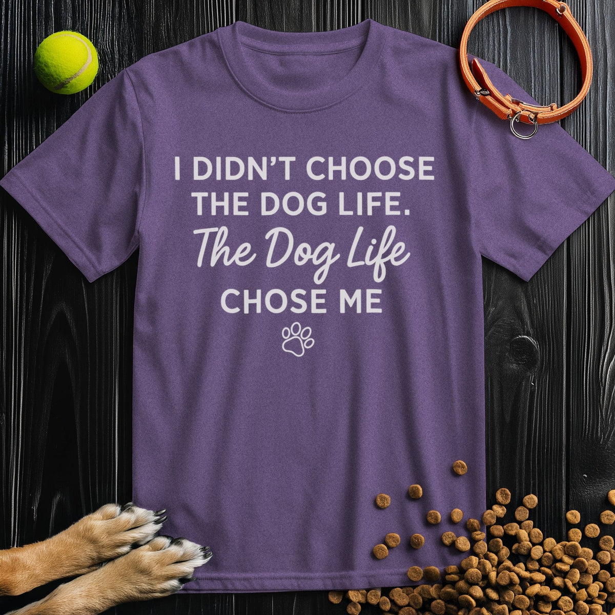 Comfortable cotton heather purple t-shirt with dog life quote