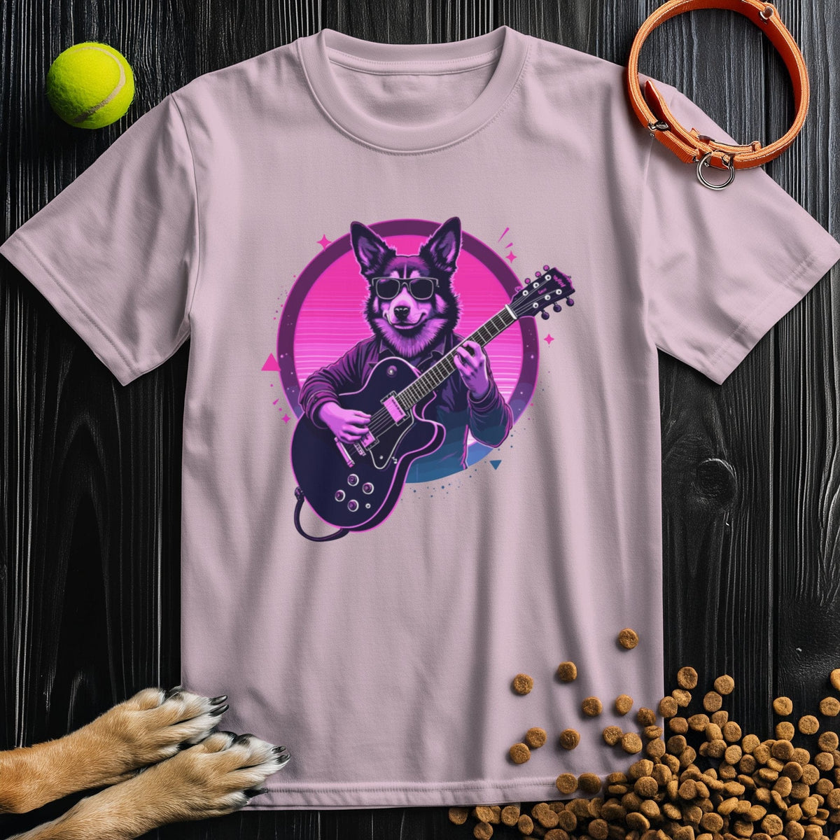 Dog Lover Shirt with Synthwave Design in light pink featuring a cool dog playing guitar in retro neon colors. Ideal for summer and pet lovers.