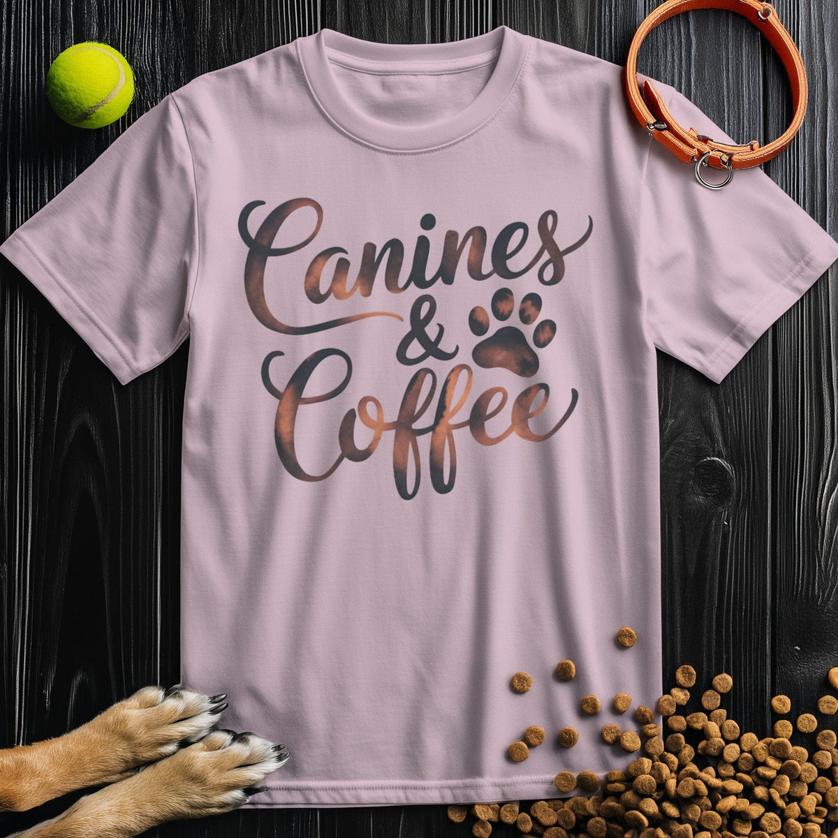 Light pink Canines & Coffee T-Shirt with paw print design, soft cotton tee combining pet passion and coffee culture in one look.