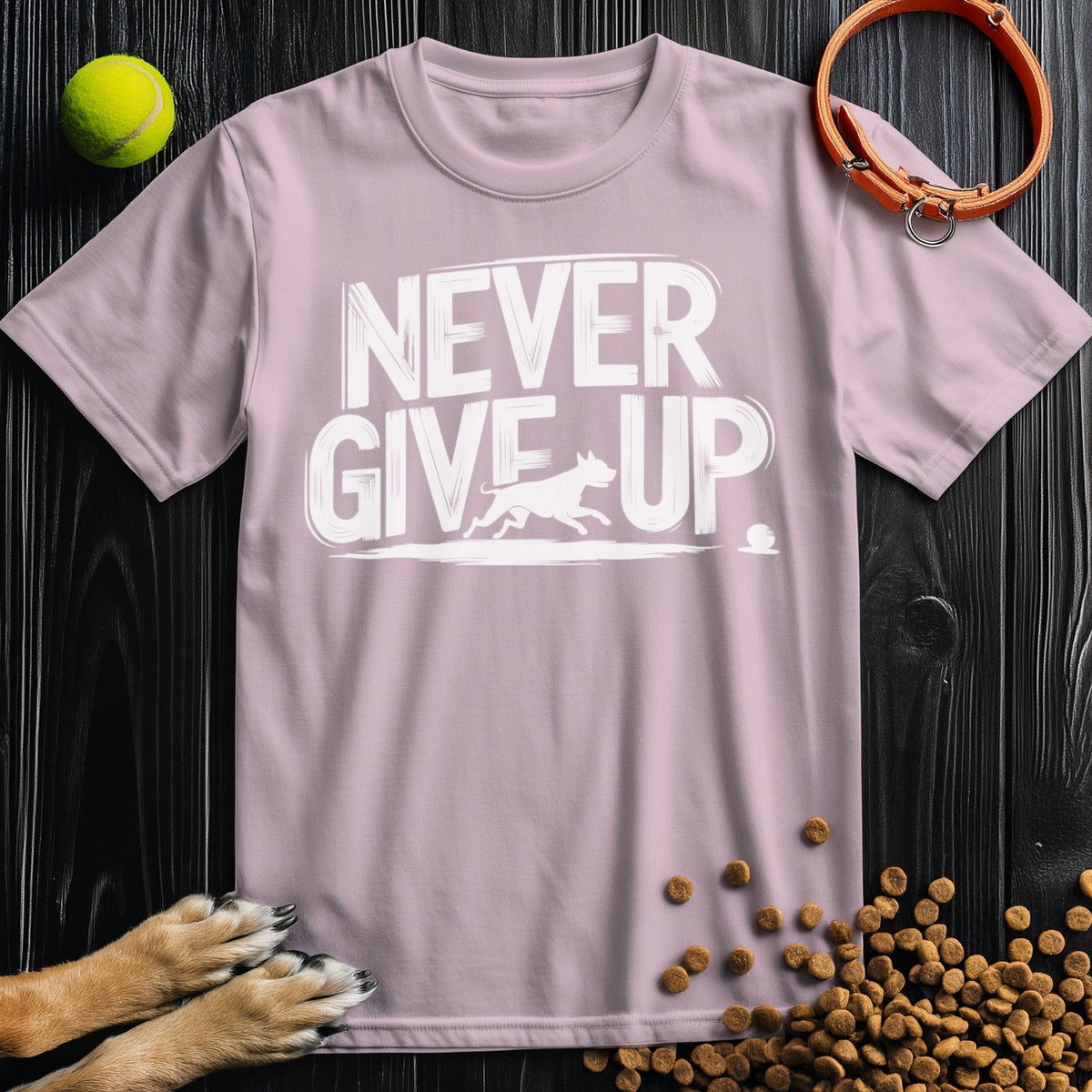 Never Give Up Tee in light pink with white dog-themed design. Comfortable cotton t-shirt, a versatile choice for summer and pet lovers.