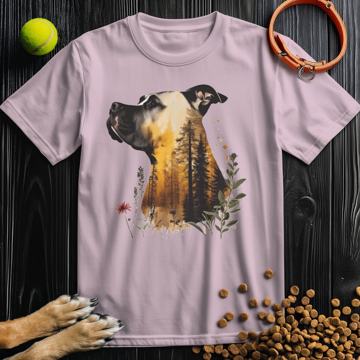 Light pink Pitbull Dog T-Shirt by Nature's Sentry with artistic dog and nature print, made from ethical cotton, regular fit.