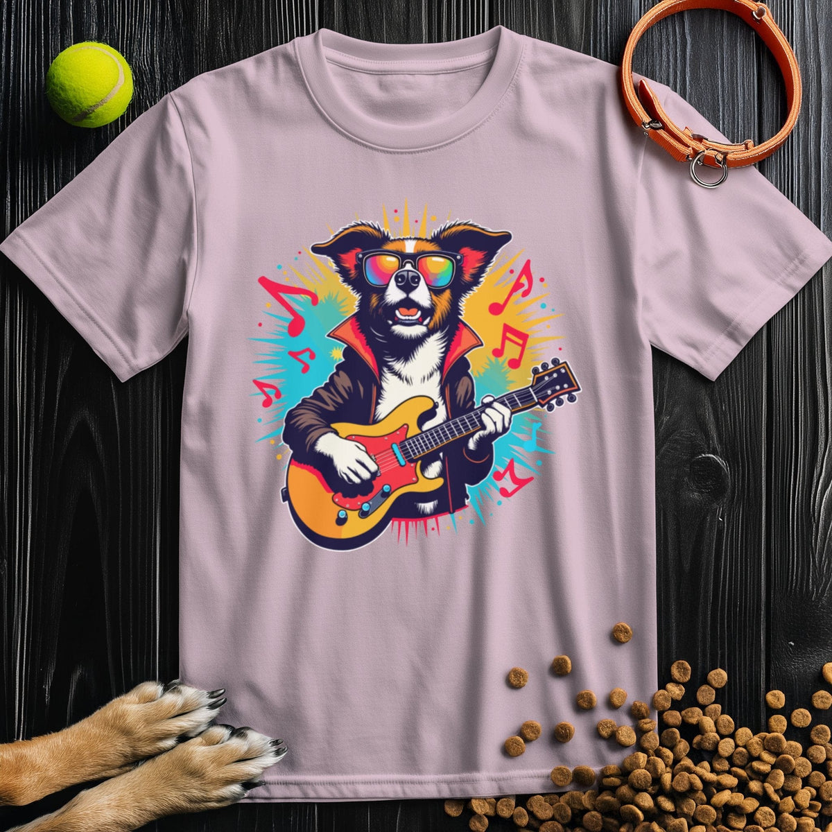 Light pink dog themed shirt with a funky guitar-playing puppy in bright colors. A fun and unique pick for music and dog fans.