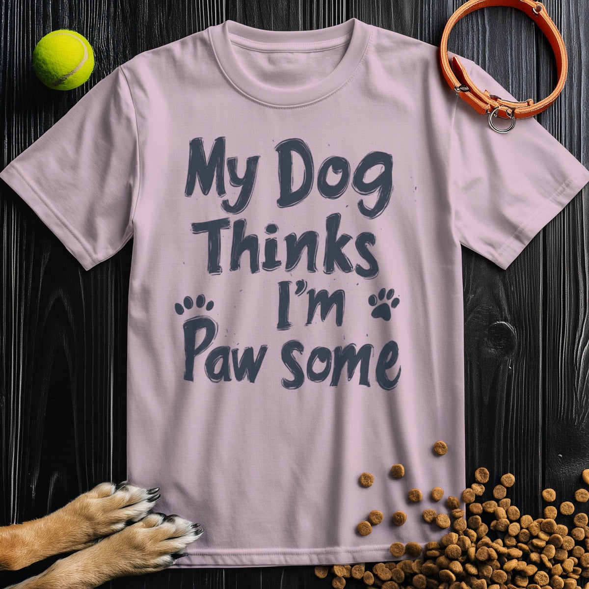 Light pink Pawsome T-Shirt with dog-themed quote and paw prints, crafted in soft cotton for stylish and ethical pet apparel.