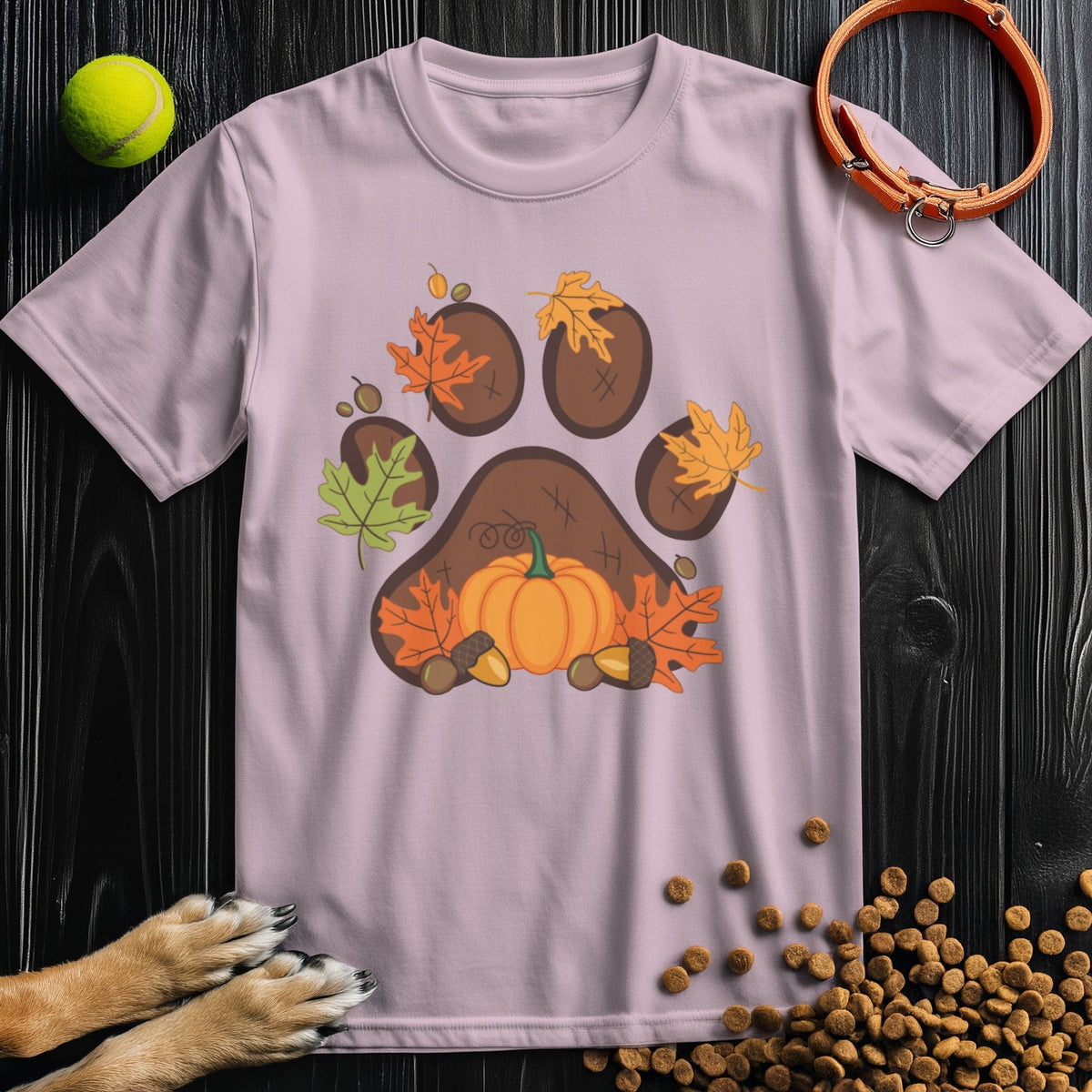 Light pink Harvest Paw Prints t-shirt for humans with a festive autumn paw print design, crafted from 100% cotton for ethical seasonal wear.