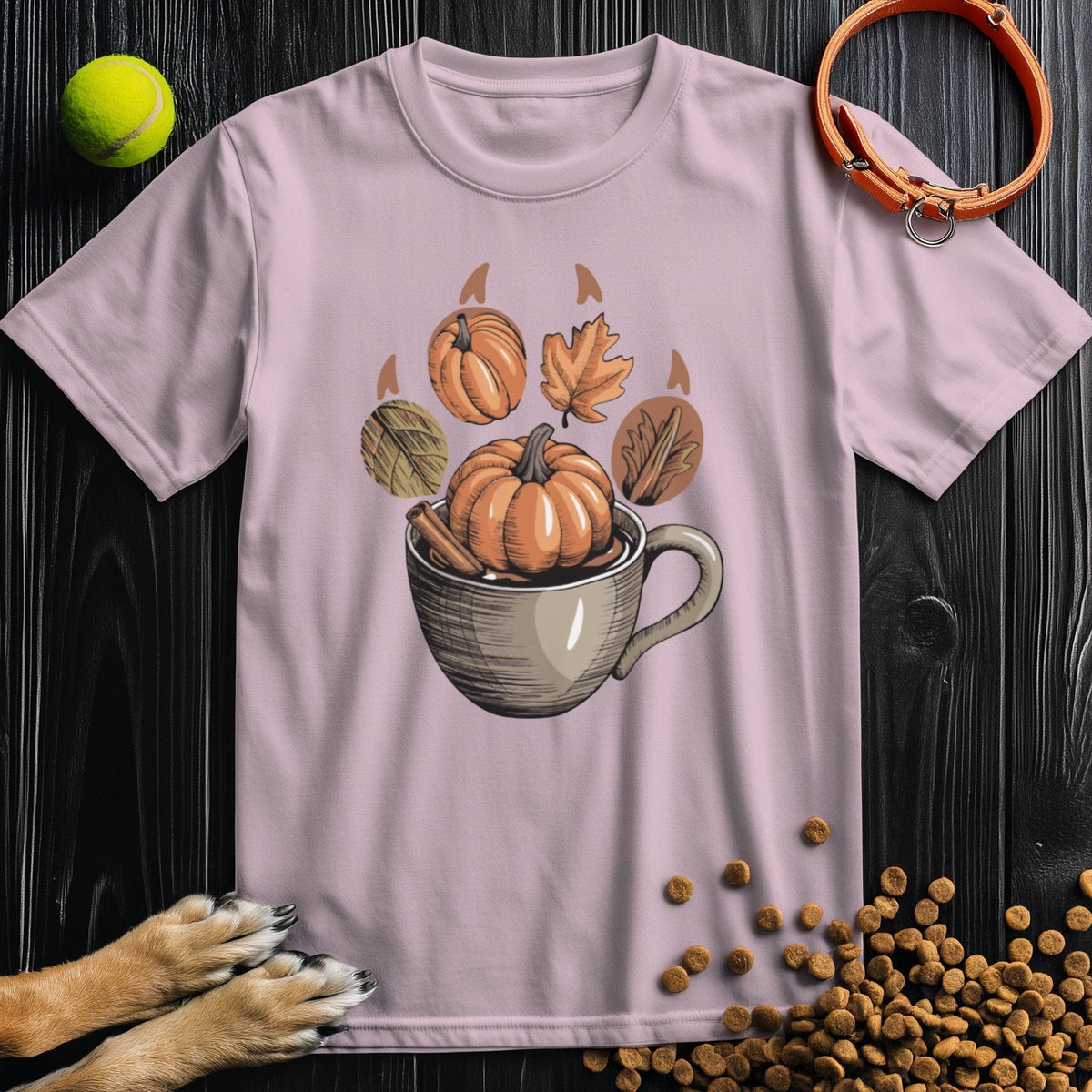 Light pink Autumn Brew Paw T-Shirt with cozy fall pumpkin design, made from soft 100% cotton for ethical seasonal fashion.