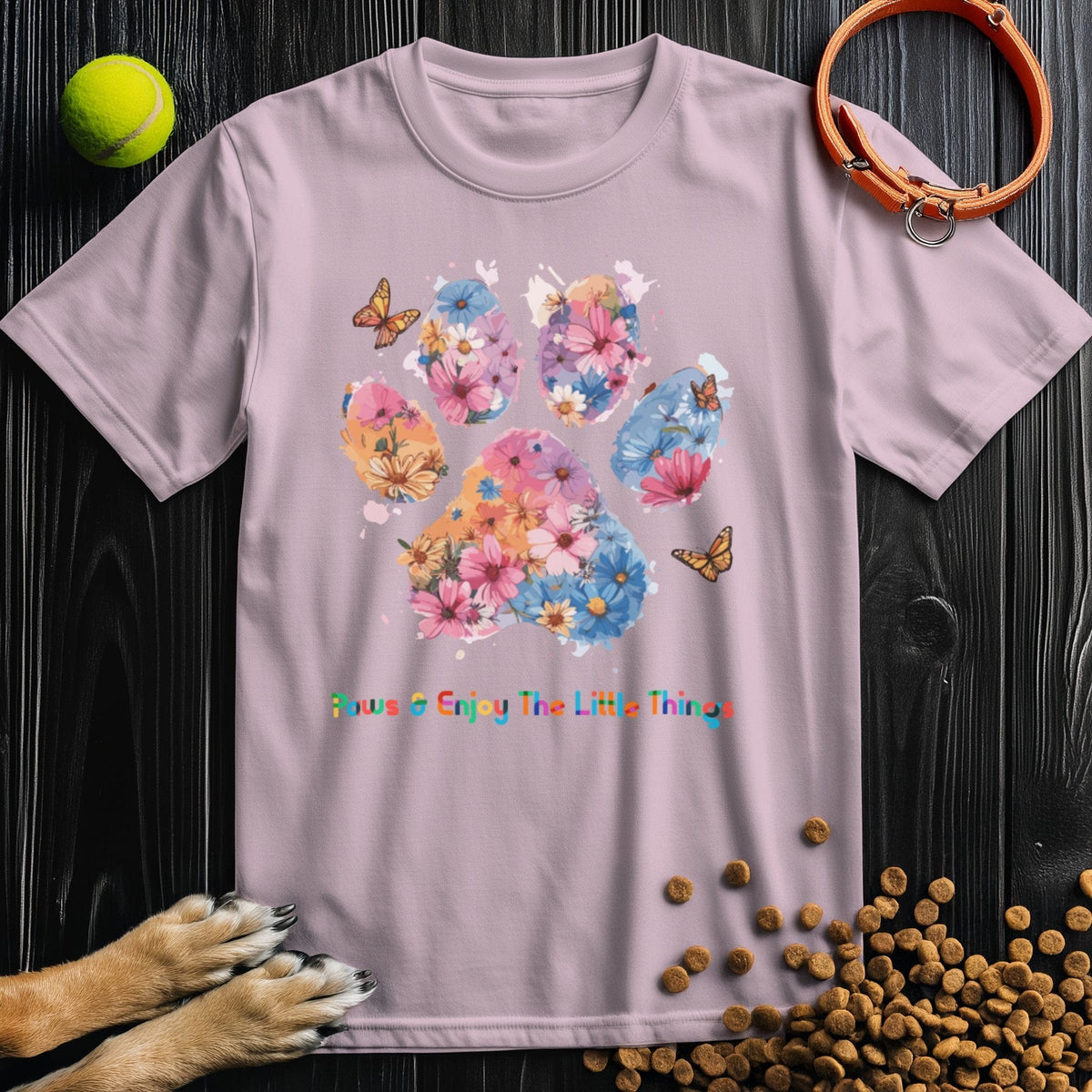 Pink Paws & Enjoy Dog Watercolor Shirt with floral paw print and butterflies, 100% cotton tee for pet lovers, perfect for casual wear.