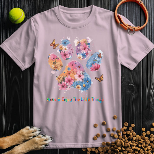 Pink Paws & Enjoy Dog Watercolor Shirt with floral paw print and butterflies, 100% cotton tee for pet lovers, perfect for casual wear.