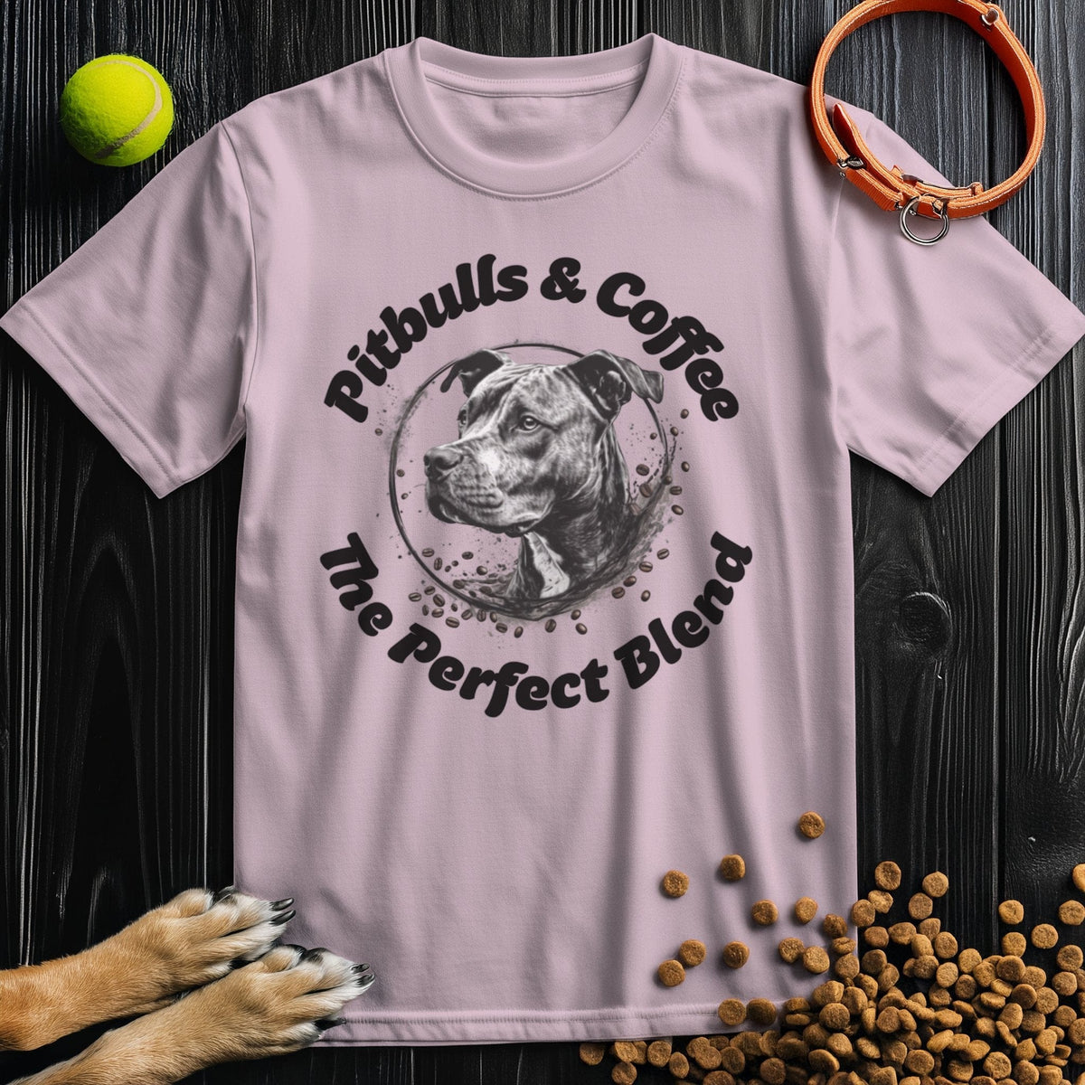 Light pink Pitbull T Shirt with coffee-themed pitbull art. Soft cotton tee for women who adore dogs and espresso vibes.