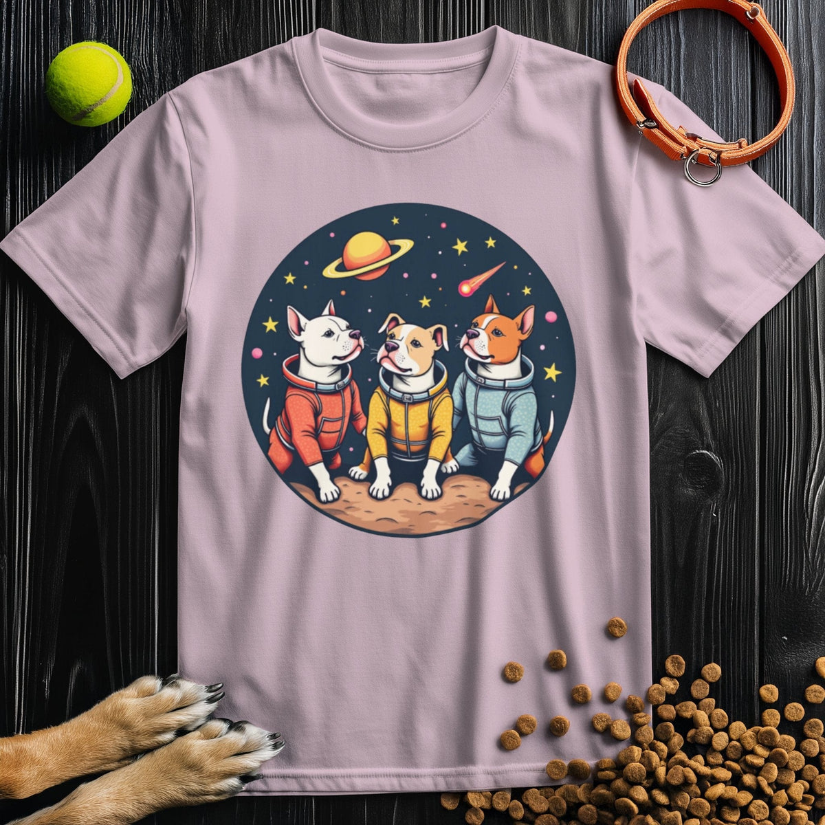 Light pink Cosmic Pits T-Shirt with a whimsical dog astronaut print, combining cute design and cotton comfort for pet lovers.