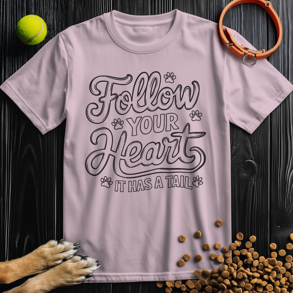 Light pink dog-themed t-shirt with 'Follow Your Heart It Has A Tail' design. Soft cotton crew neck, ideal for casual and pet-friendly occasions.