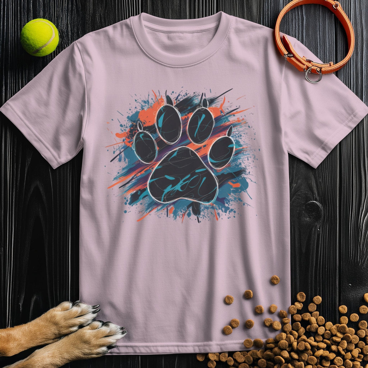 Light pink Urban Dog Paw Print T-Shirt with splash-style paw print. Soft, stylish tee from Good Boy Mob Store supporting dog rescues.