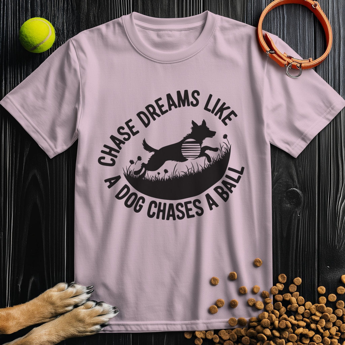 Light pink Chase Dreams T-Shirt with dog graphic and text. Soft cotton crew neck tee designed for comfort and dog lovers’ wardrobes.