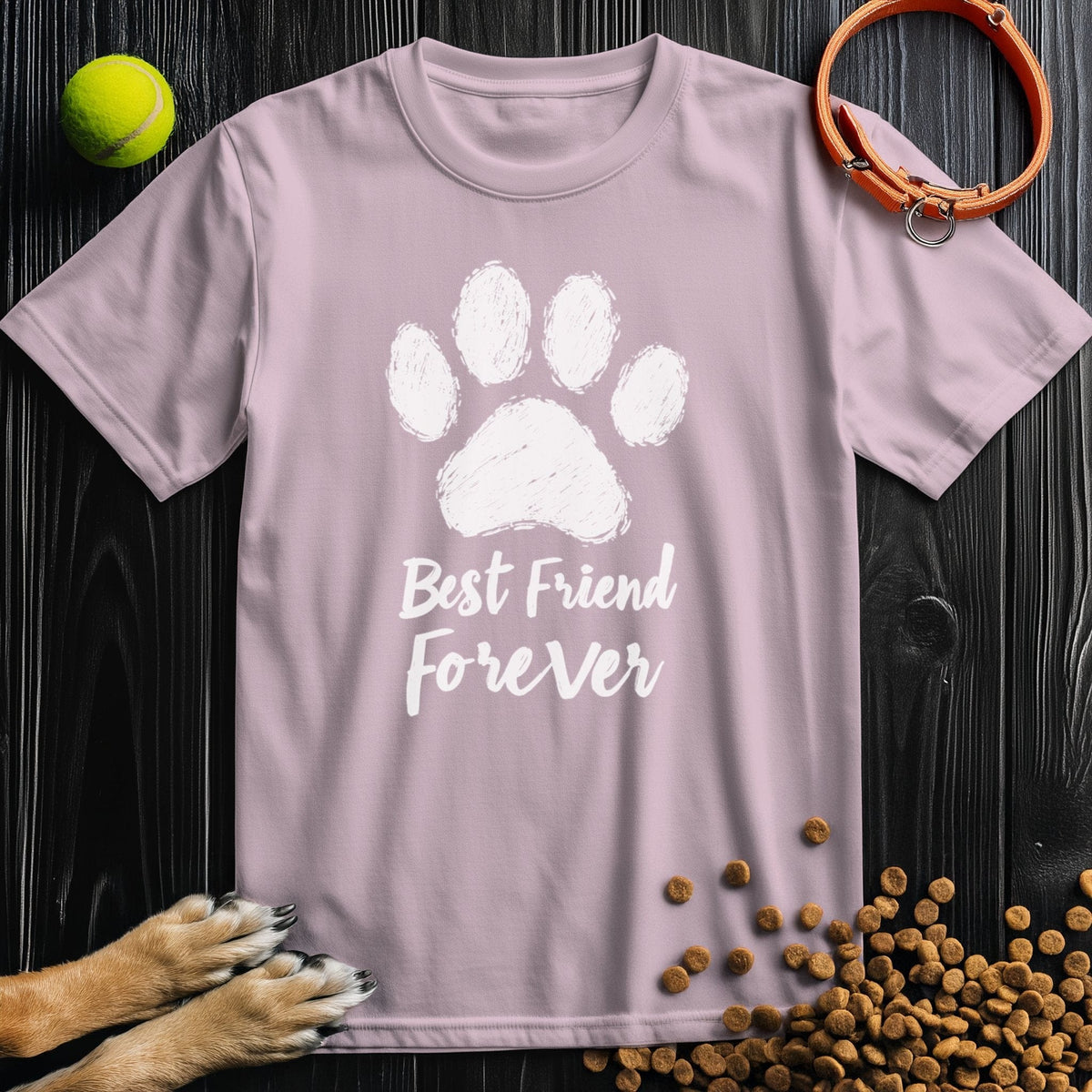 Light pink BFF white t-shirt with white paw print and 'Best Friend Forever' text. Soft cotton tee for pet lovers and casual wear.