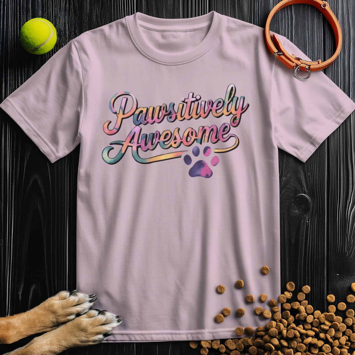 Light pink Pawsitively Awesome Dog Shirt made from soft cotton, featuring multicolor text and paw print, unisex tee for dog enthusiasts.