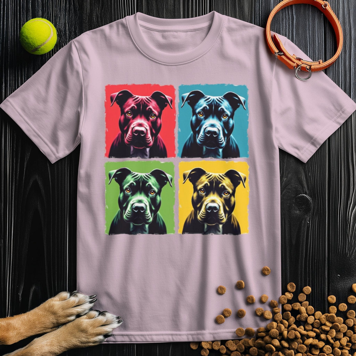 Light pink Pittie Pop Art T-Shirt featuring four pit bull faces in pop art style. Soft cotton, ideal for stylish dog enthusiasts.
