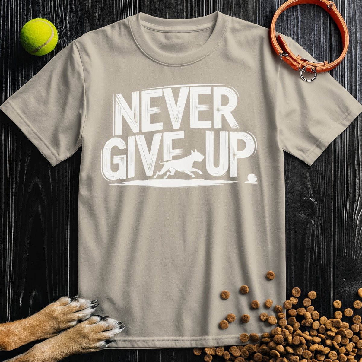 Never Give Up Tee in beige with bold dog print. Soft cotton unisex t-shirt ideal for pet enthusiasts and personalized fashion picks.