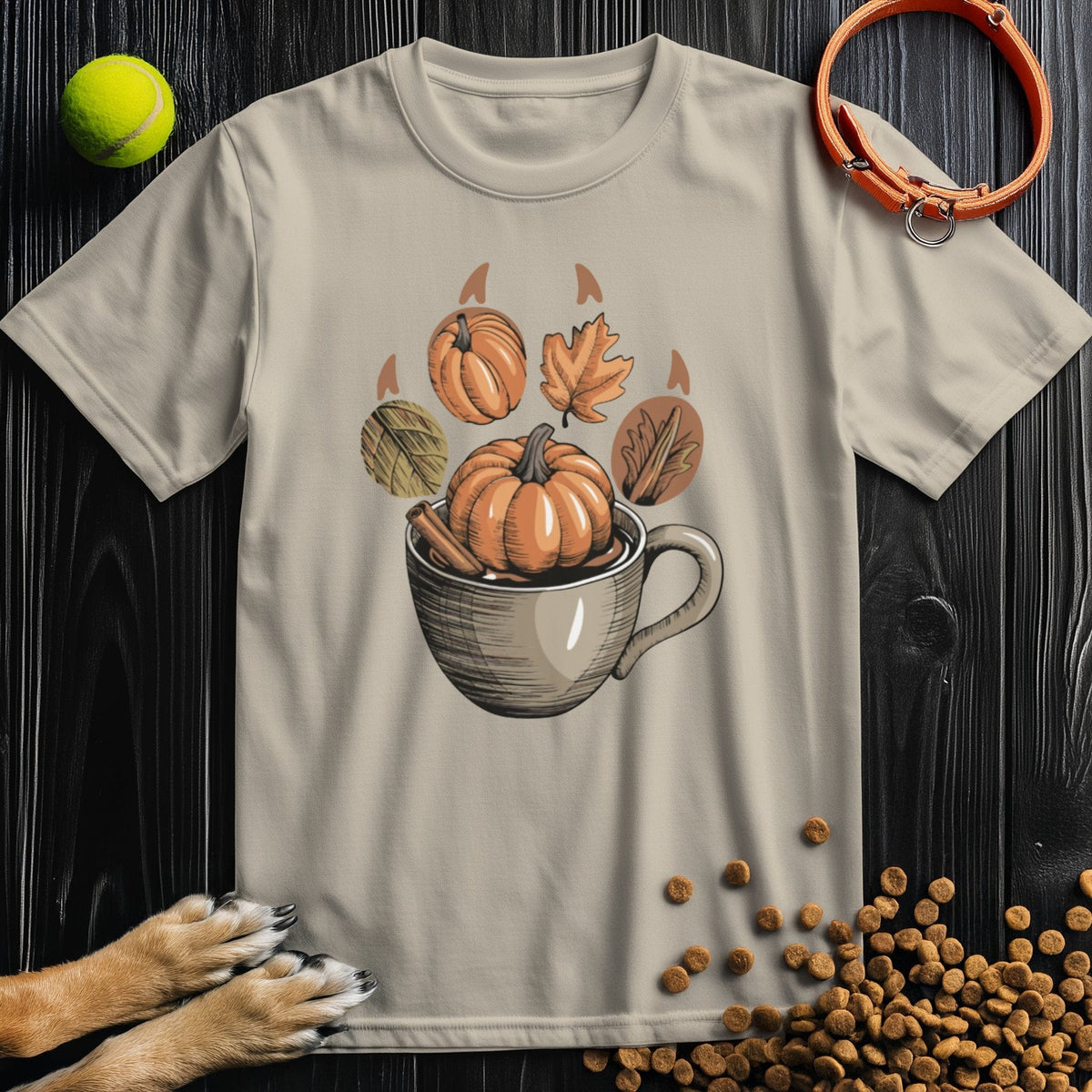 Autumn Brew Paw Tee in beige with pumpkin and leaf design, 100% cotton ethical autumn t-shirt for pet lovers and seasonal style.