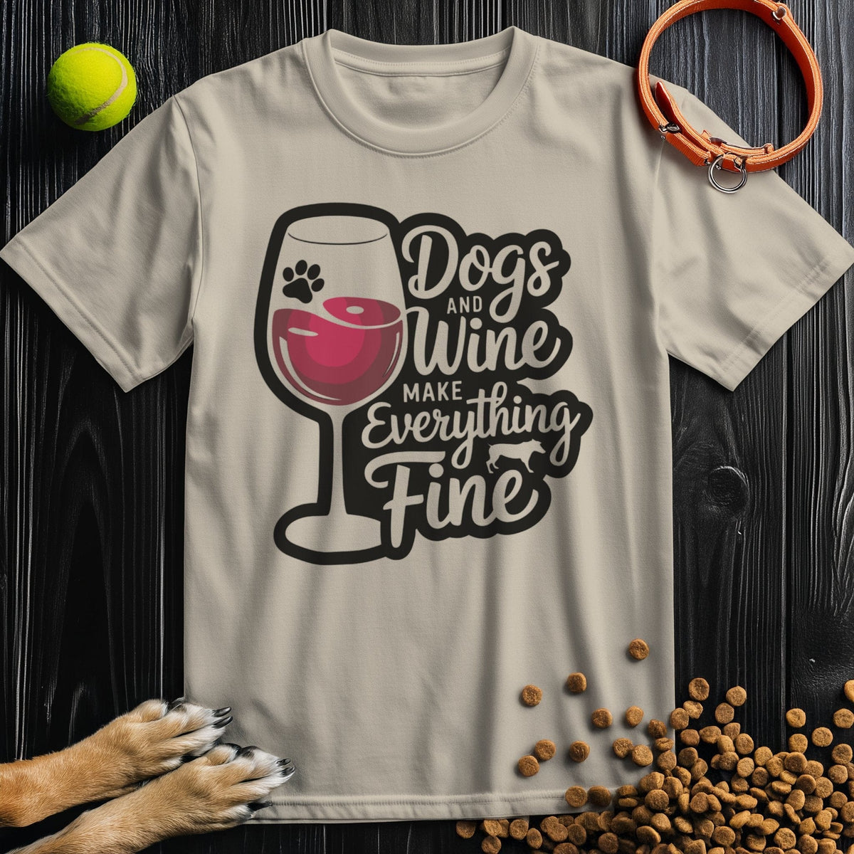 Beige Dogs & Wine Shirt made from breathable cotton, featuring fun typography and wine glass graphic for casual fashion lovers.