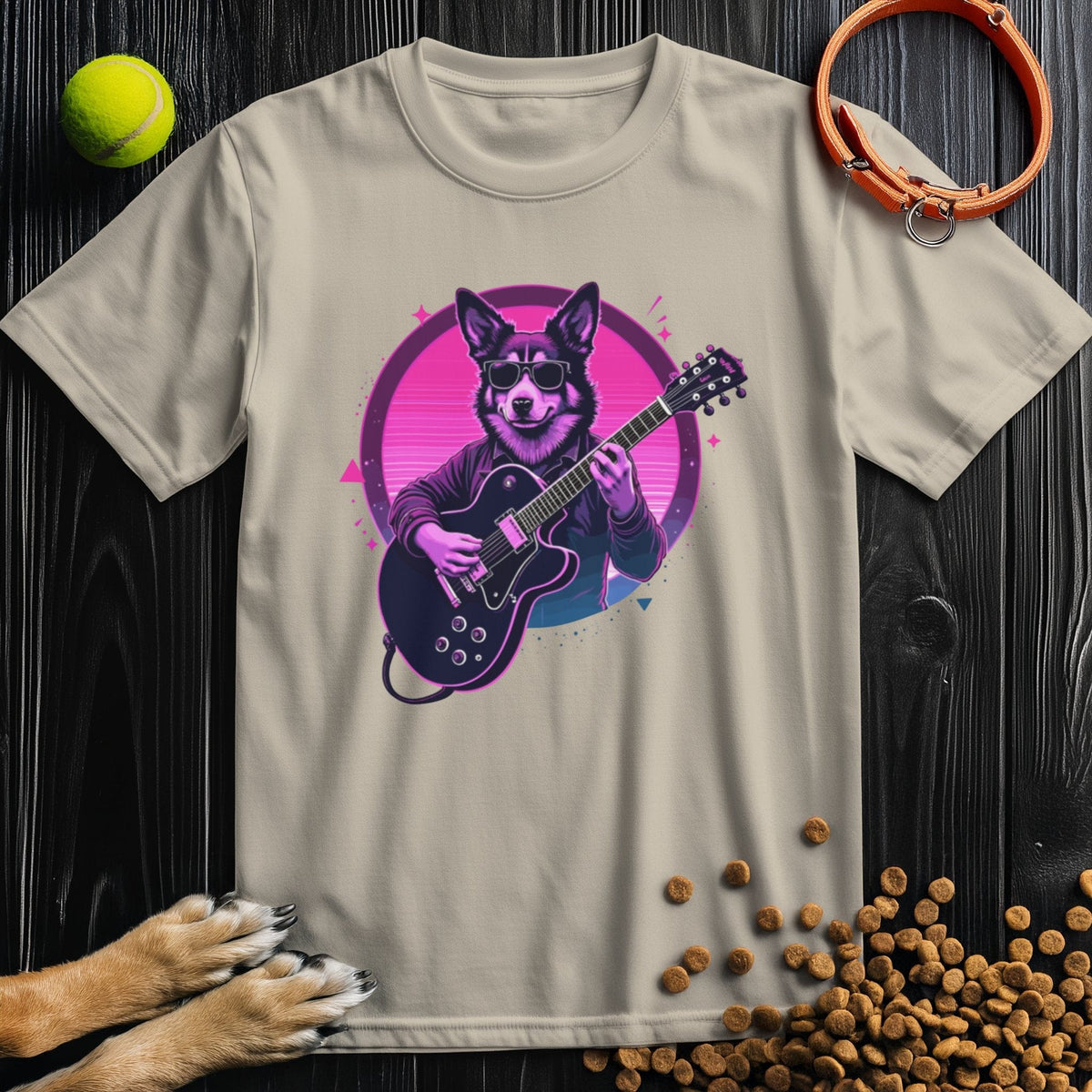 Beige cotton T-shirt with synthwave dog guitarist design. A stylish and comfortable choice for dog lovers who enjoy retro fashion.