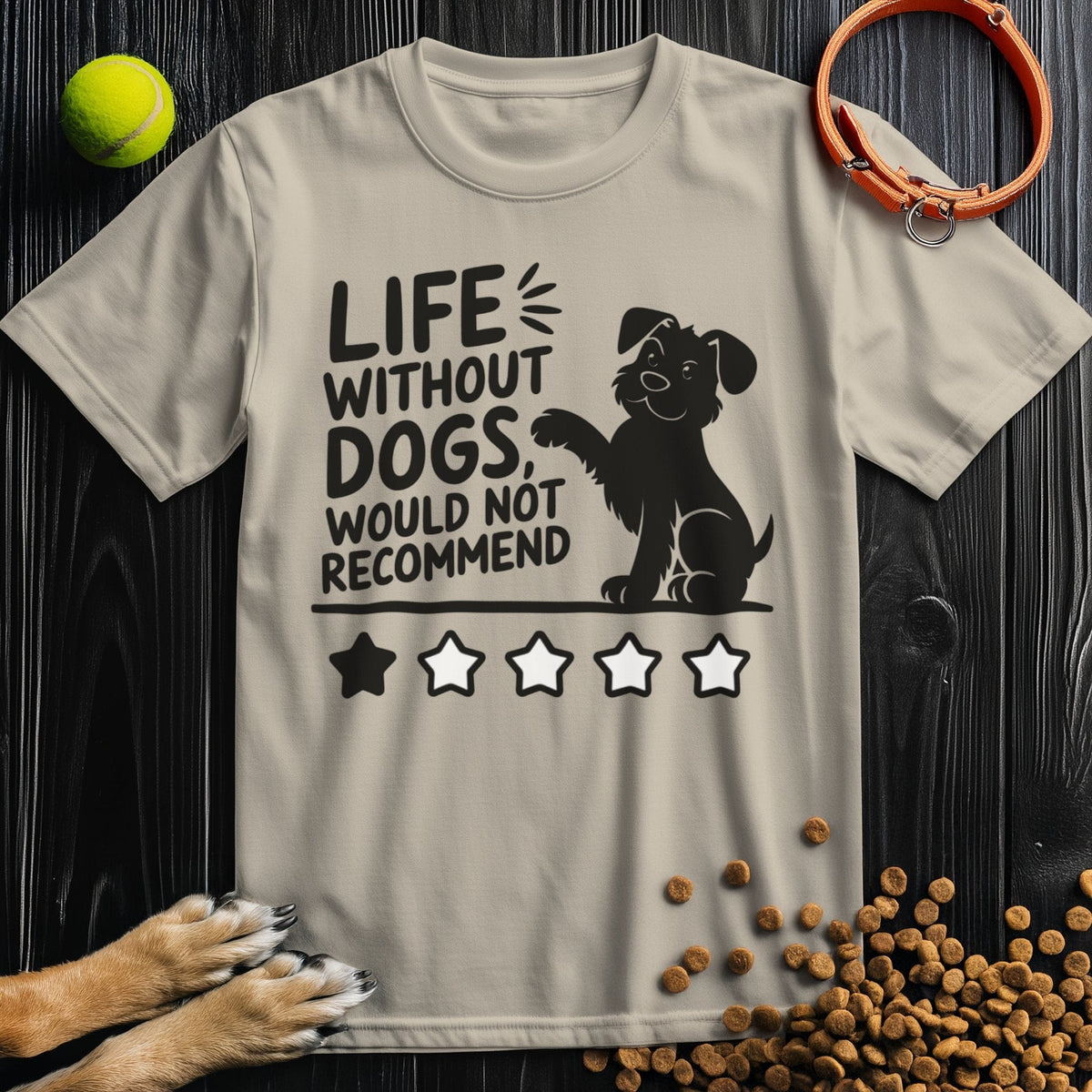 Beige cotton T-shirt with 'Life Without Dogs' slogan and cartoon dog, designed for dog lovers seeking comfort and style.