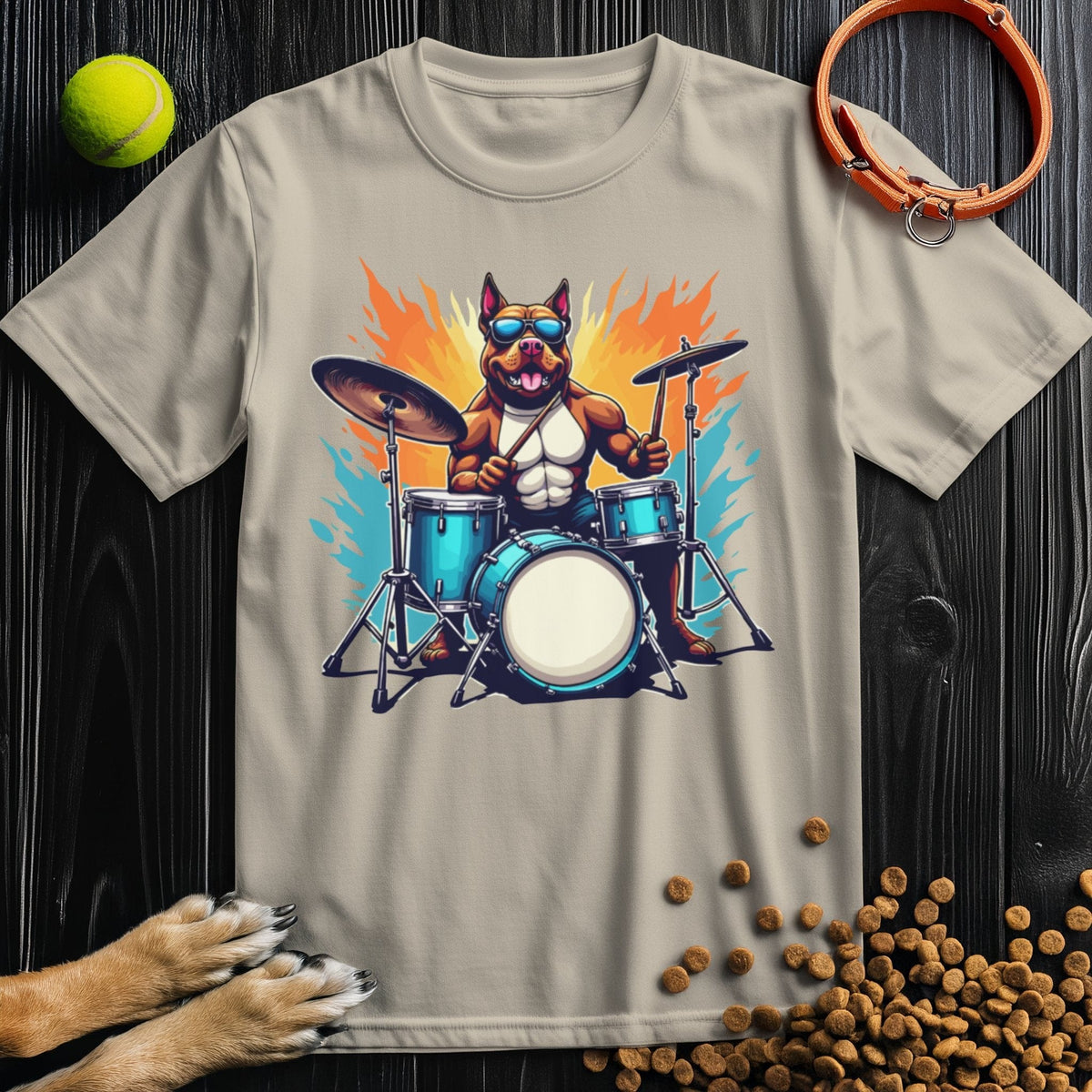 Beige Premium Drum Dog T-Shirt with a colorful dog drummer illustration. Lightweight and breathable cotton tee for all-day wear.