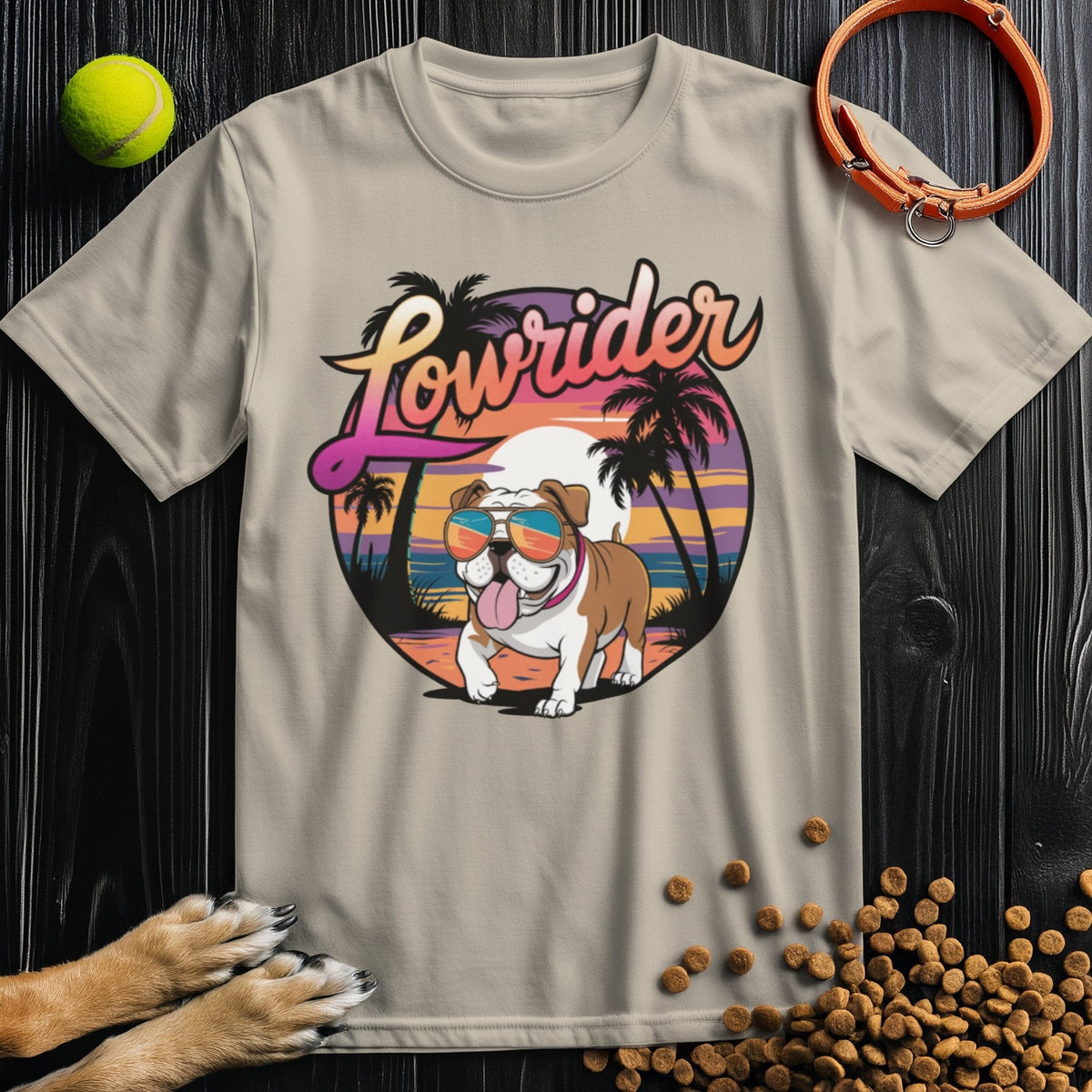 Beige Lowrider Bulldog Sunset T-Shirt featuring a fun bulldog graphic with sunset background. Crew neck cotton tee for casual summer outfits.