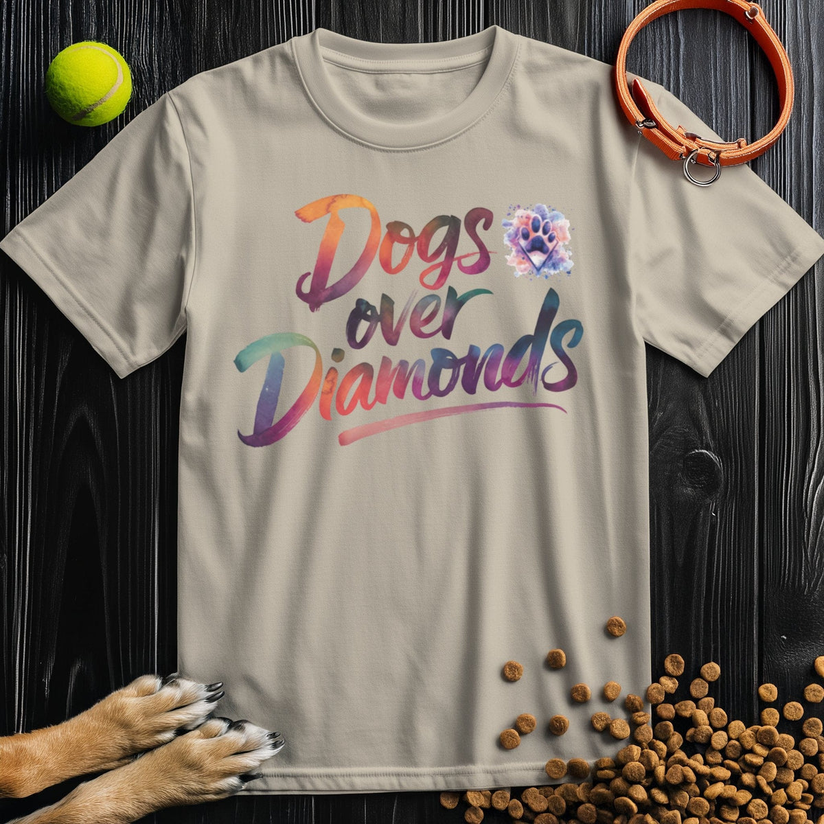 Beige Dogs Over Diamonds Watercolor T-Shirt featuring vibrant dog-themed design, made from ethical US cotton for breathable daily wear.