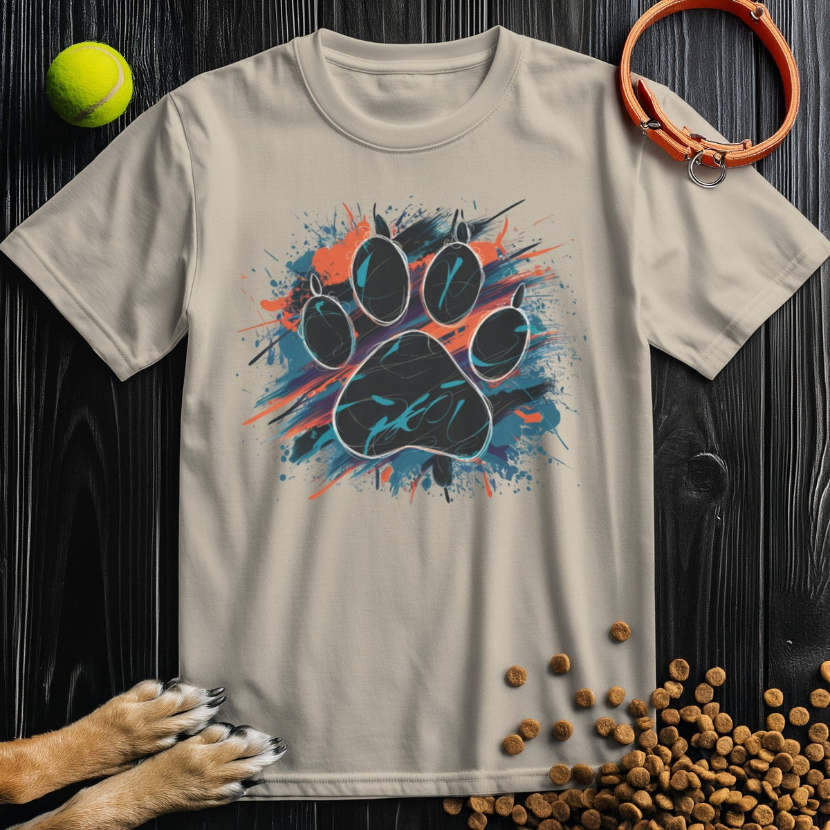 Beige Urban Dog Paw Print T-Shirt with colorful splash paw design. Good Boy Mob tee supports rescue dogs with every purchase.