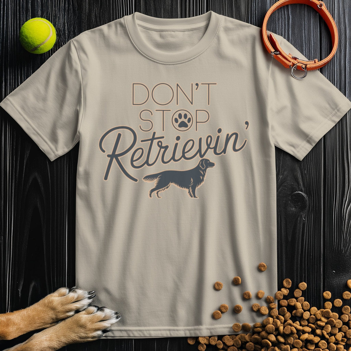 Golden Vibes T-Shirt - Retriever Shirt in beige featuring playful dog-themed slogan and retriever silhouette. Soft cotton, perfect for dog lovers.