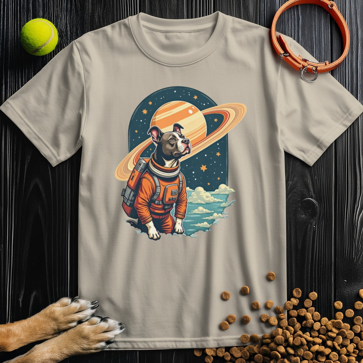 Beige Cosmic Canine T-Shirt featuring a dog astronaut and Saturn. A soft cotton tee offering style and charm for dog enthusiasts.