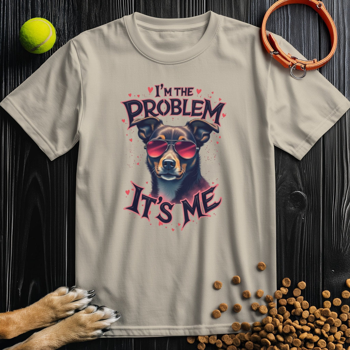 Beige The Problematic Pooch T-Shirt with bold dog graphic and humorous text, crafted from soft cotton for stylish pet-themed fashion.