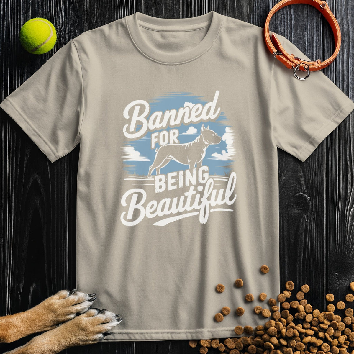 Beige Banned for Beauty Dog Tee made from soft US cotton with pitbull print. Ethical and stylish choice for dog lovers.