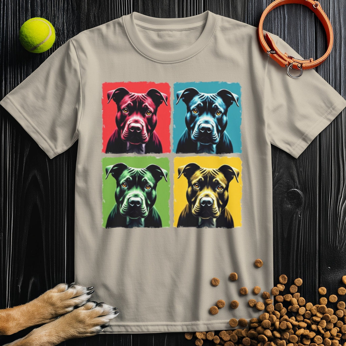 Beige Pittie Pop Art T-Shirt with vibrant pit bull pop art squares. Made from 100% US cotton, perfect for casual dog-themed fashion.