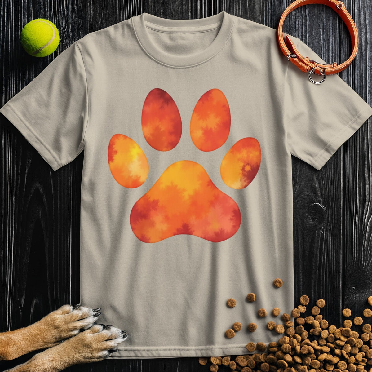 Dog Themed Shirts - Autumn Blaze Paw in beige cotton featuring a warm-toned paw print. Ethically made unisex tee for pet enthusiasts.