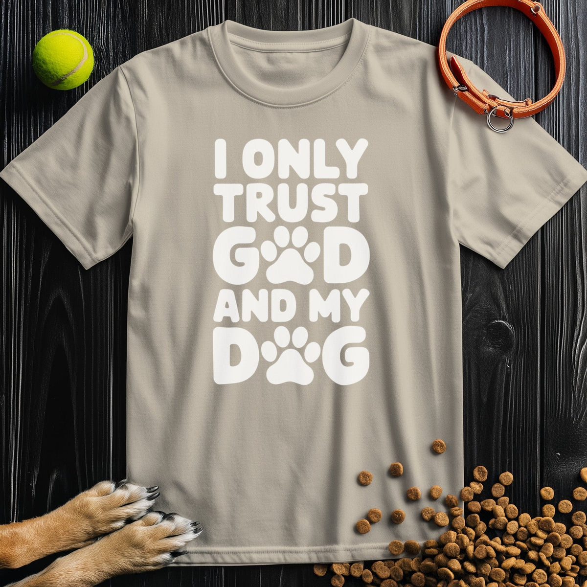 Beige Dog and God T-Shirt made of 100% cotton, featuring bold white text and paw prints, great for dog owners and casual outfits.